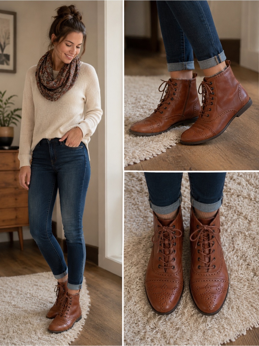 Vintage Hunt Club Charity Leather Lace Up Ankle Boots Women Cognac Brown Brogue